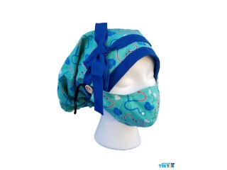 Scrub Cap with Hair pins and Buttons - Blue Stethoscope heartbeat Pattern